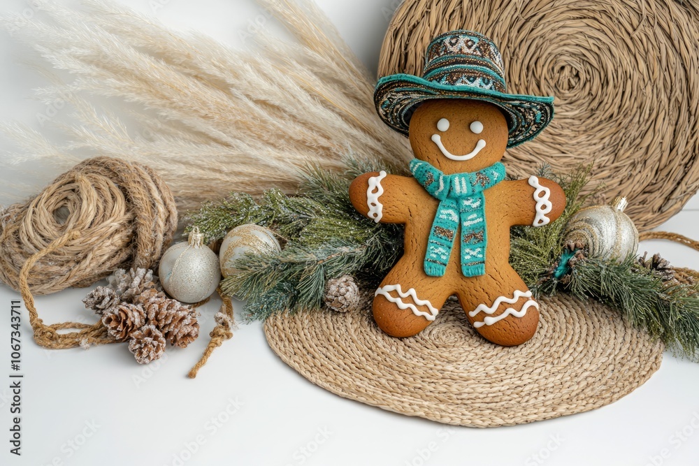 Fototapeta premium a chritmas gingerbread boy western style turquoise accents white background