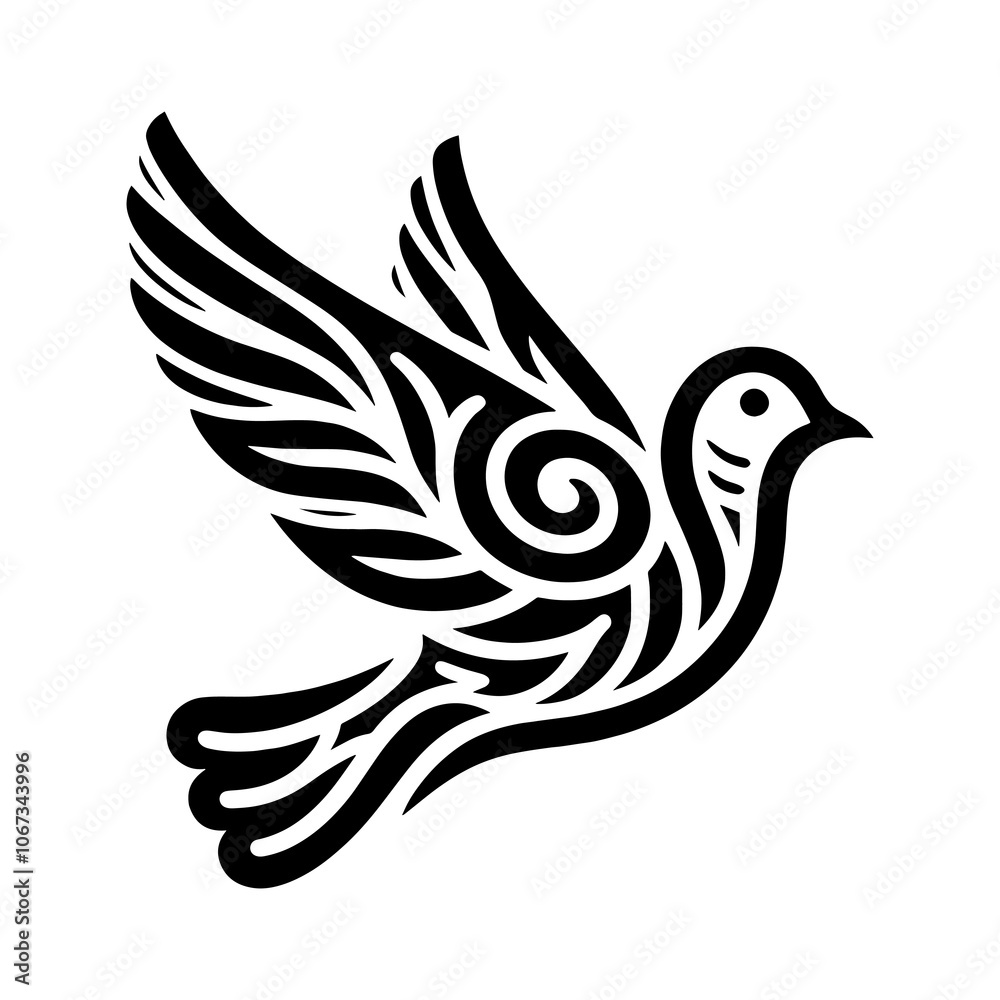 Obraz premium dove bird fly side view Tribal art style engraved vintage design vector