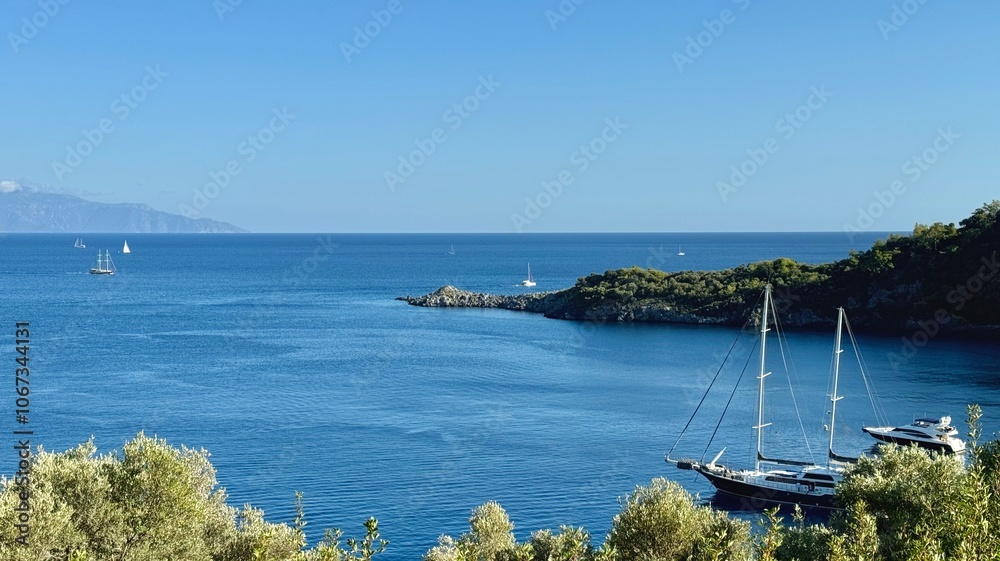 Beautiful landscape of Fethiye Gulf with sailing boats in Turkey