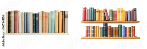 Set of a full bookshelf with books in various colors, isolated on a transparent background.