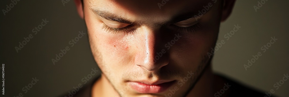 Fototapeta premium A close-up portrait of a young man with a thoughtful expression, his eyes cast downward, captured in a soft, natural light. The image evokes emotions of contemplation, introspection, and quiet reflect