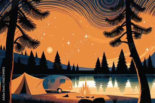 A charming vector illustration of a lakeside campfire scene featuring a tent, a camera, and a crackling fire.