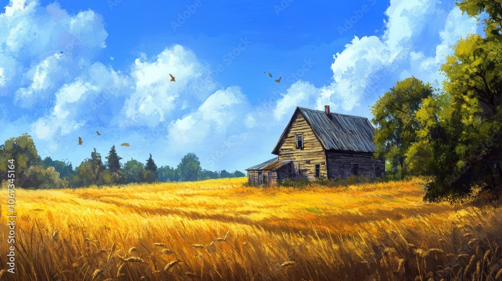 A rustic farmhouse in a golden wheat field, under a clear blue sky, A rustic farmhouse in a golden wheat field, under a clear blue sky,