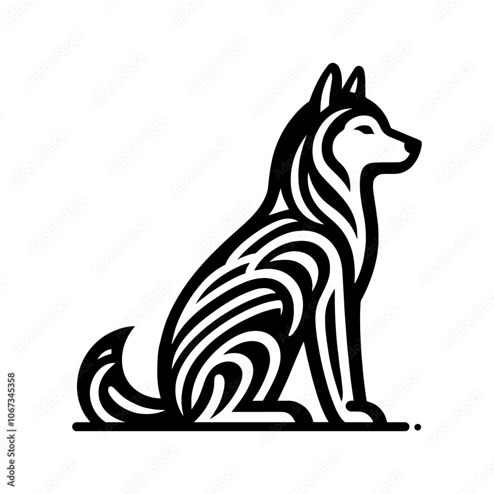 Obraz premium husky dog ​​sitting side view tribal art style engraved vintage design vector