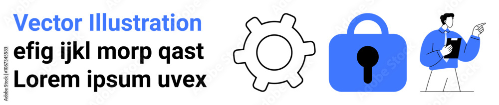 Gear, padlock symbol, and a figure holding documents. Ideal for business strategies, staff management, data security, IT services, corporate training, onboarding, and digital privacy. Banner Gear, padlock symbol, and a figure holding documents. Ideal for business strategies, staff management, data security, IT services, corporate training, onboarding, and digital privacy. Banner