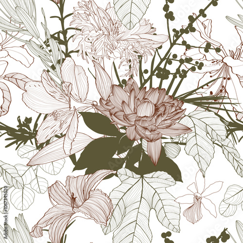 Seamless flowers pattern with line garden flowers and plants. Exotic wallpaper. Trendy summer line print. photo