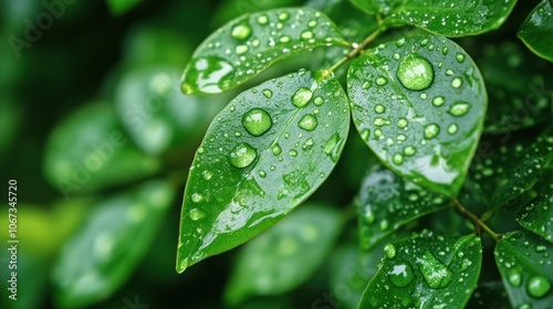 Dew Drops on Lush Green Leaves