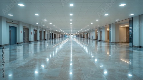 Empty, modern hallway with tiled floor, white walls, and doors leading to other rooms.