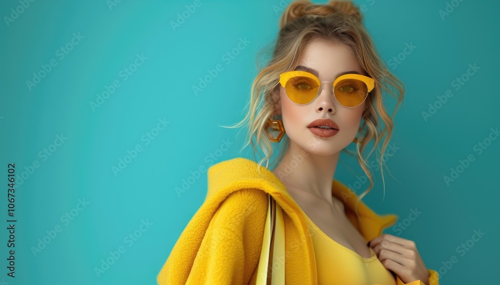 Woman in Yellow Sunglasses and Coat Against a Turquoise Background Woman in Yellow Sunglasses and Coat Against a Turquoise Background