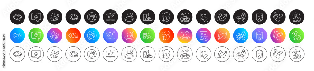 Do not touch, Electric bike and Capsule pill line icons. Round icon gradient buttons. Pack of Mint leaves, Drop counter, Face protection icon. Clean skin, Bike, Farsightedness pictogram. Vector