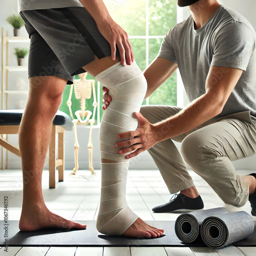 Patient undergoing physical therapy for leg strength and mobility recovery after having a cast removed. focus on exercises and stretches to regain range of motion in the knee and ankle.