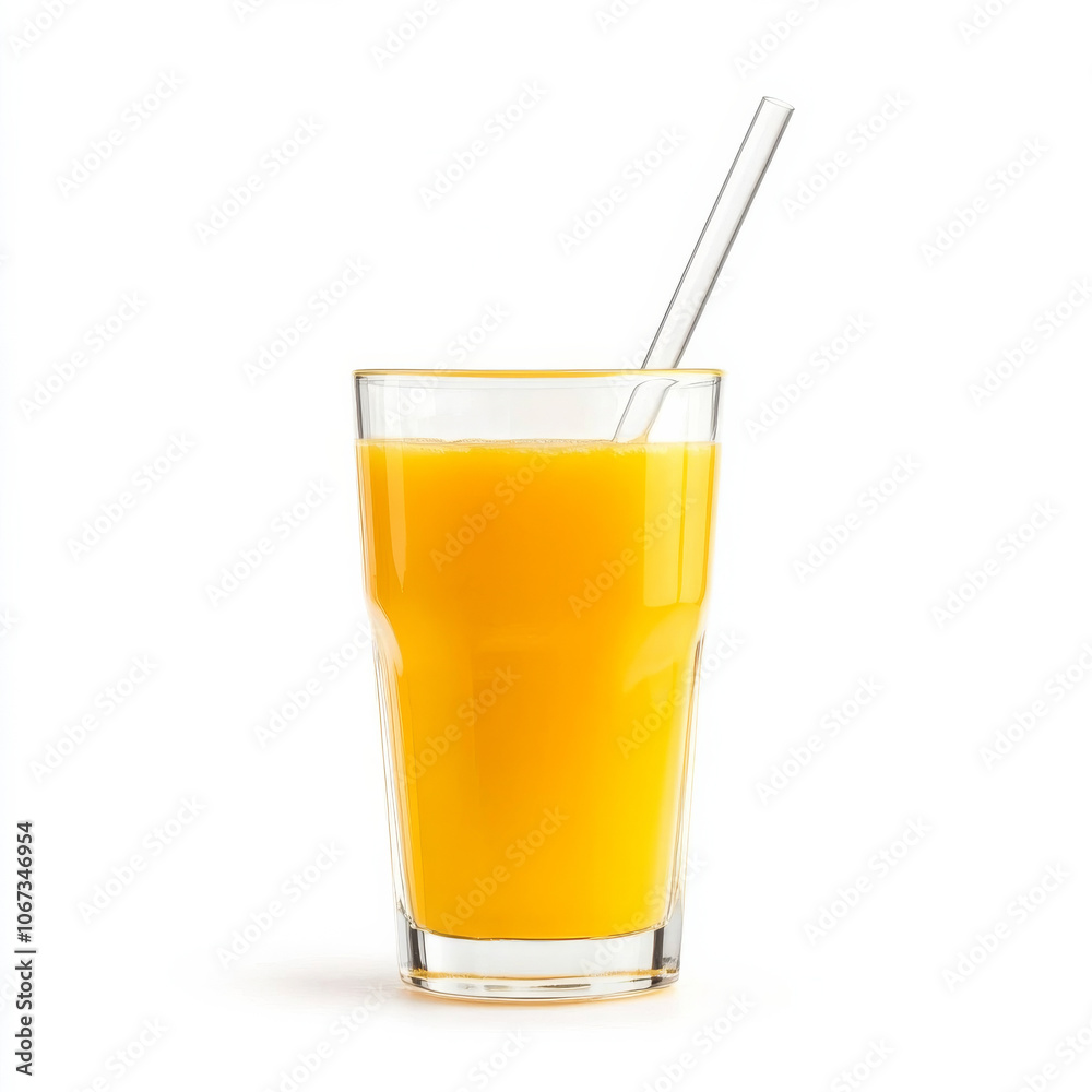 A refreshing glass of orange juice with a straw, isolated on a white background, emphasizing its vibrant color and freshness A refreshing glass of orange juice with a straw, isolated on a white background, emphasizing its vibrant color and freshness
