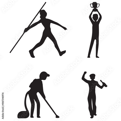 silhouette of a person exercising. a silhouette of a man and a broom with a picture of a man working with tools. 