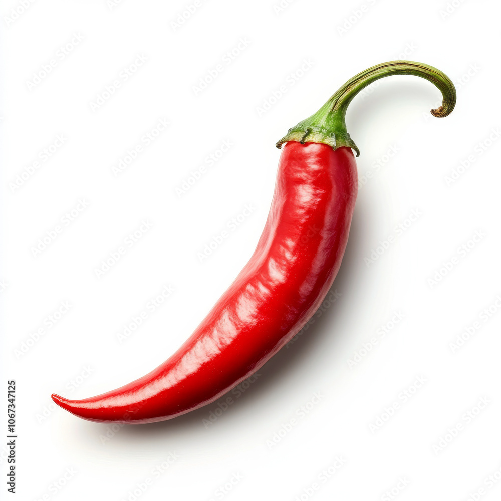 A single red chili pepper with green stem, isolated on a white background, showcasing its vibrant color and spice appeal A single red chili pepper with green stem, isolated on a white background, showcasing its vibrant color and spice appeal