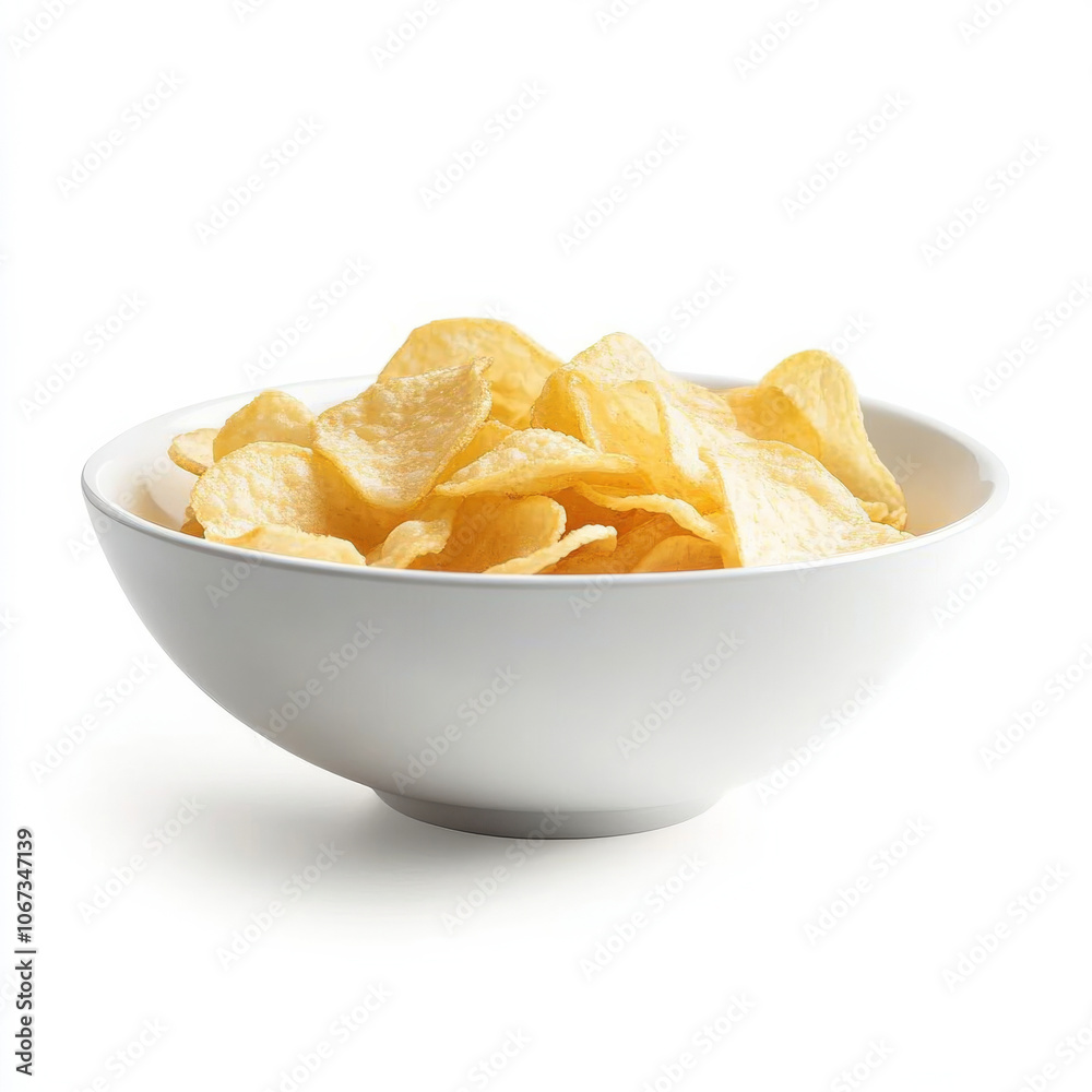 A bowl of classic potato chips, isolated on a white background, emphasizing a crunchy snack choice A bowl of classic potato chips, isolated on a white background, emphasizing a crunchy snack choice