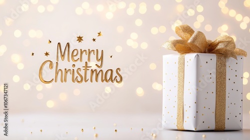 Festive Christmas present with glittering gold ribbon and bokeh background.