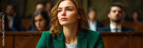 A serious woman in a green blazer sits in a courtroom, exuding confidence and determination. She represents power, justice, and legal proceedings. photo