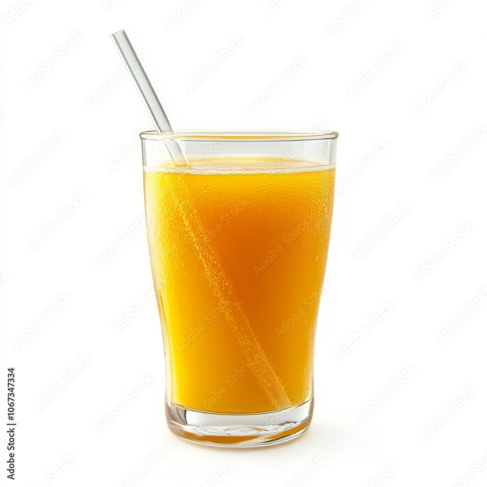 A refreshing glass of orange juice with a straw, isolated on a white background, emphasizing its vibrant color and freshness A refreshing glass of orange juice with a straw, isolated on a white background, emphasizing its vibrant color and freshness
