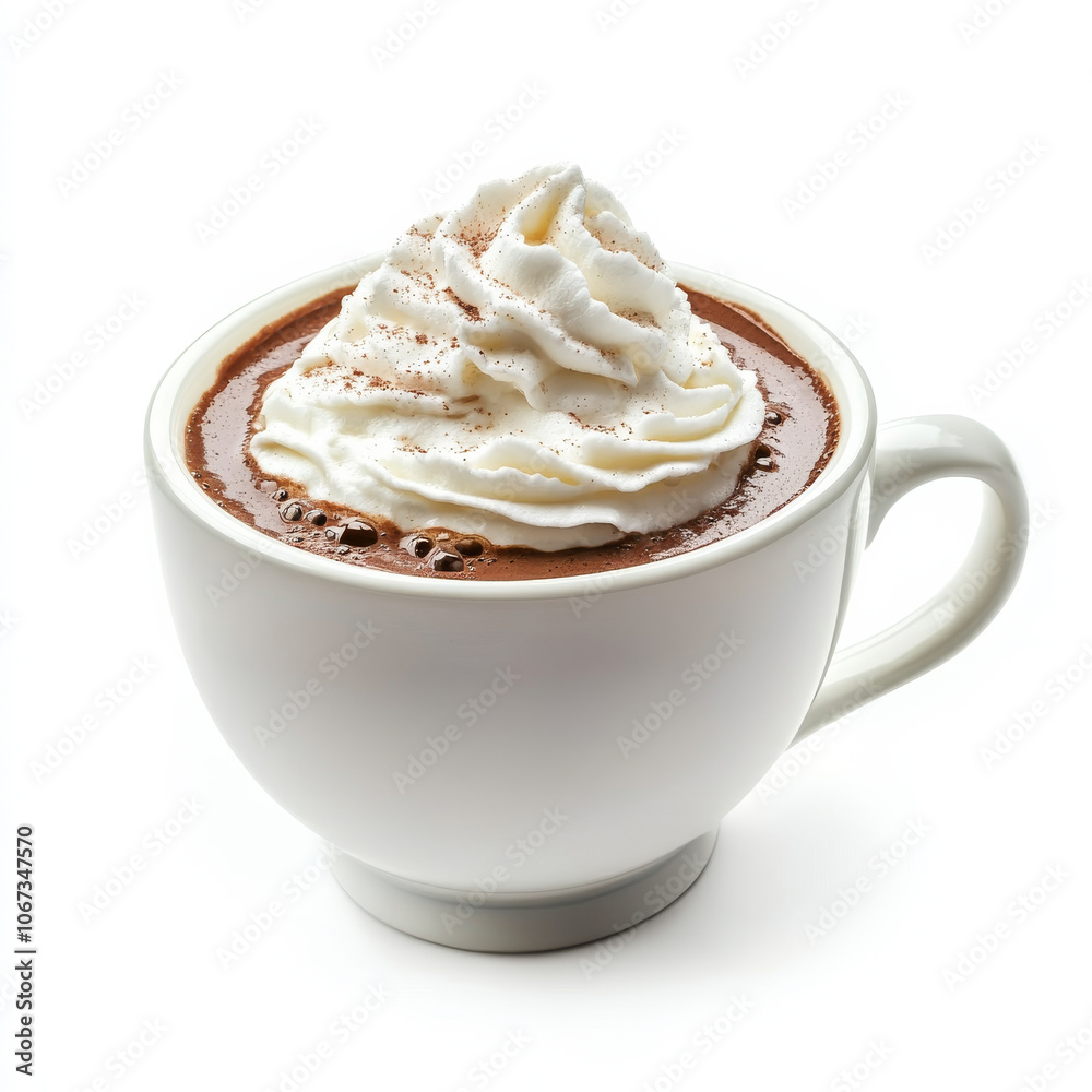 A cup of creamy hot chocolate with whipped cream, isolated on a white background, showcasing a comforting winter drink A cup of creamy hot chocolate with whipped cream, isolated on a white background, showcasing a comforting winter drink