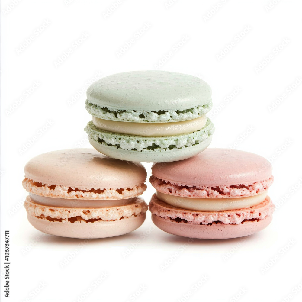 A trio of macarons in pastel colors, isolated on a white background, highlighting a delicate and sweet French treat