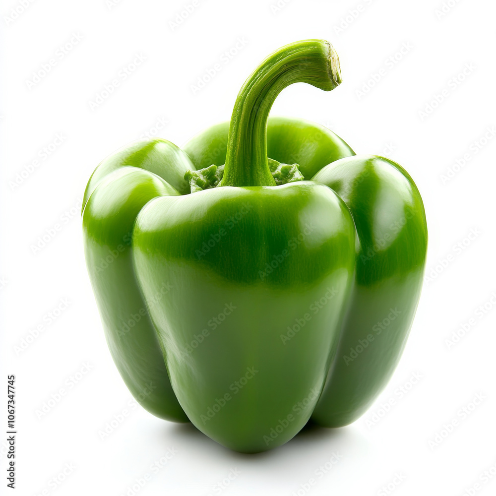 A vibrant green bell pepper with stem, isolated on a white background, emphasizing its crisp and fresh texture