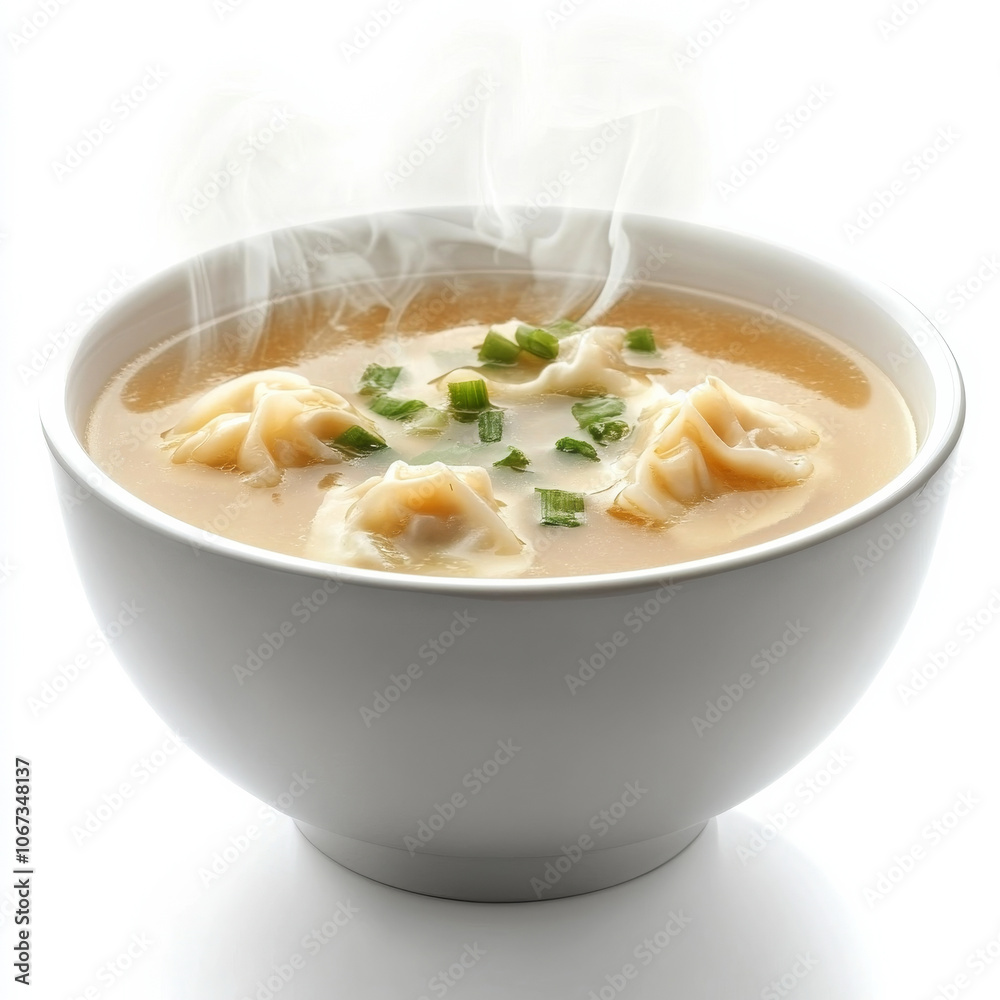 A bowl of steaming hot wonton soup, isolated on a white background, showcasing an inviting and warming dish A bowl of steaming hot wonton soup, isolated on a white background, showcasing an inviting and warming dish
