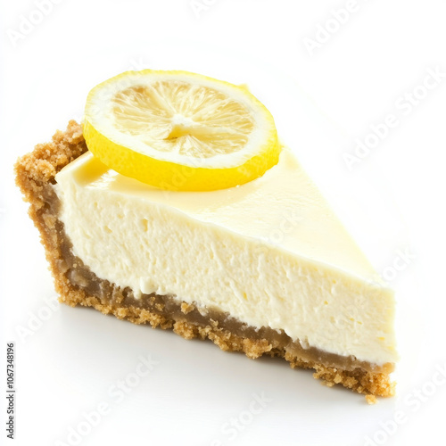 A slice of lemon cheesecake with a graham cracker crust, isolated on a white background, showcasing a refreshing dessert option photo