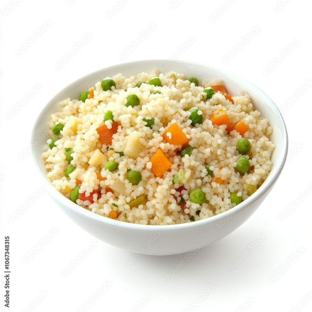 A serving of couscous with vegetables, isolated on a white background, highlighting a light and healthy grain dish A serving of couscous with vegetables, isolated on a white background, highlighting a light and healthy grain dish