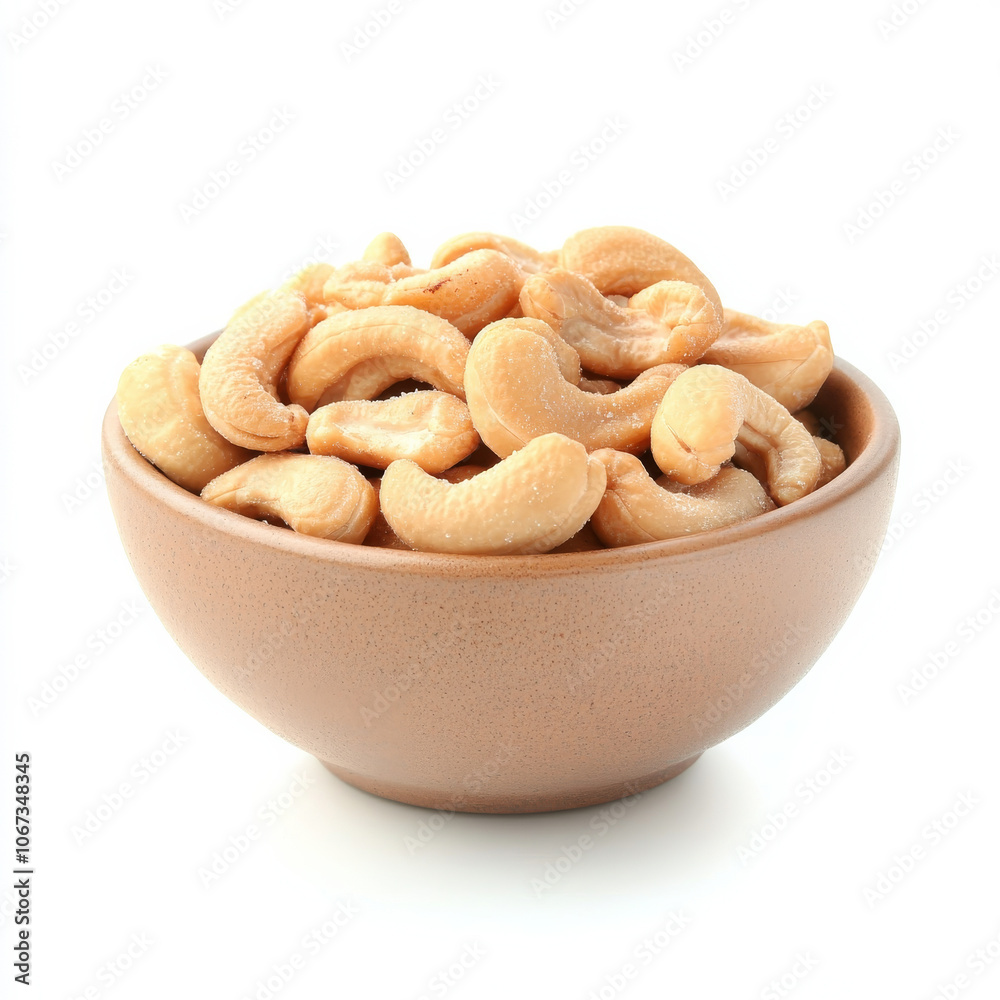 A small bowl of salted cashews, isolated on a white background, showcasing a crunchy and healthy snack