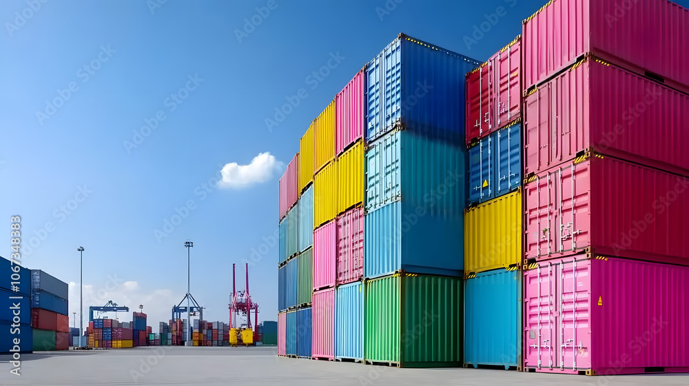 Fototapeta premium Colorful intermodal shipping containers stacked at port under blue sky