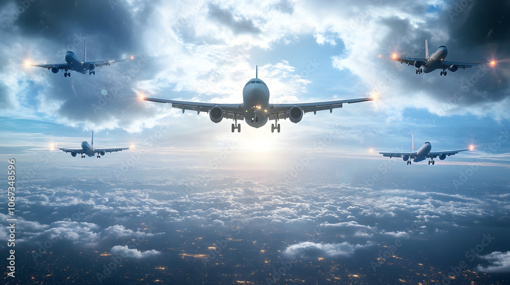 High resolution image of multiple airplanes flying through clouds High resolution image of multiple airplanes flying through clouds