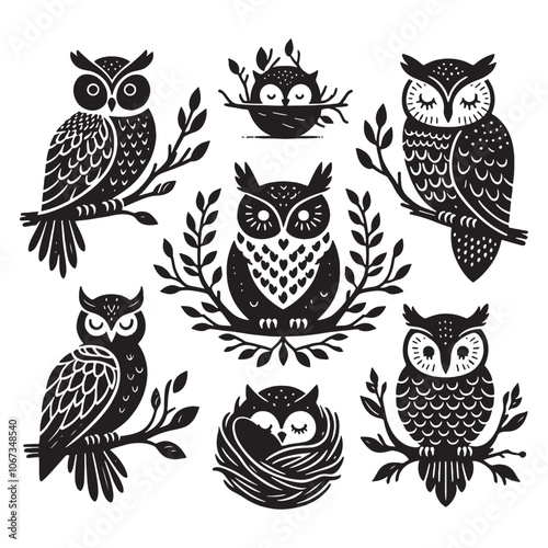 Owl bundle silhouette vector on white background