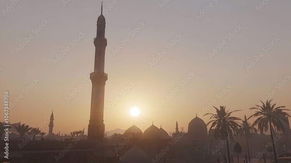 Obraz premium Sunset Minaret : mosque wallpaper. A minaret stands tall, its silhouette etched against a fiery sunset. The call to prayer lingers in the air. 
