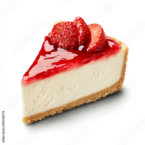 A slice of creamy cheesecake with strawberry topping, isolated on a white background, emphasizing its rich and decadent flavor photo