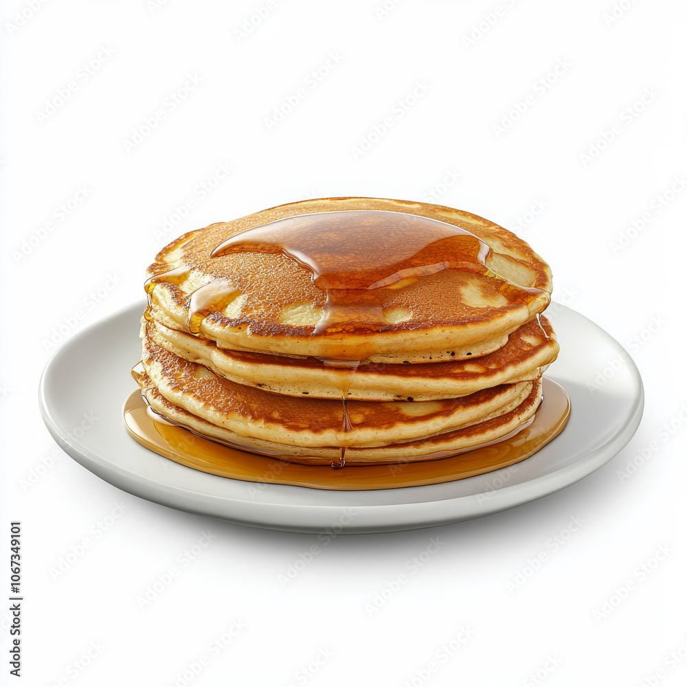A stack of fluffy pancakes with syrup drizzle, isolated on a white background, emphasizing a classic breakfast favorite A stack of fluffy pancakes with syrup drizzle, isolated on a white background, emphasizing a classic breakfast favorite
