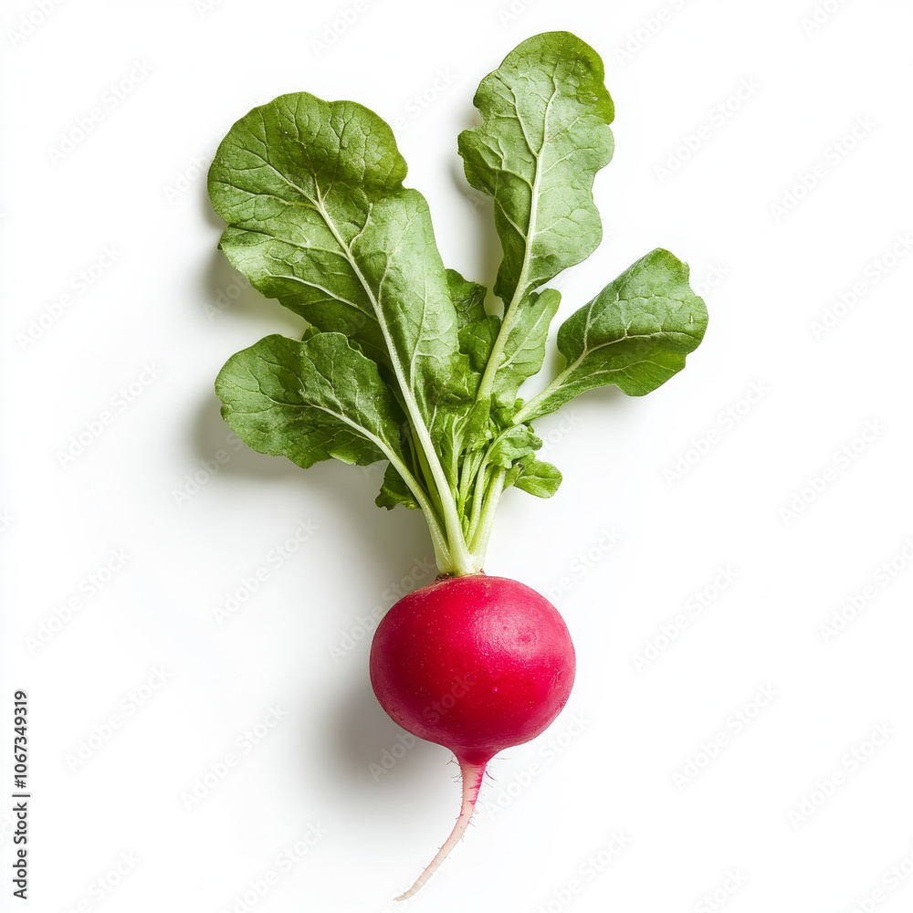 A single red radish with green leaves, isolated on a white background, emphasizing its vibrant color and fresh texture