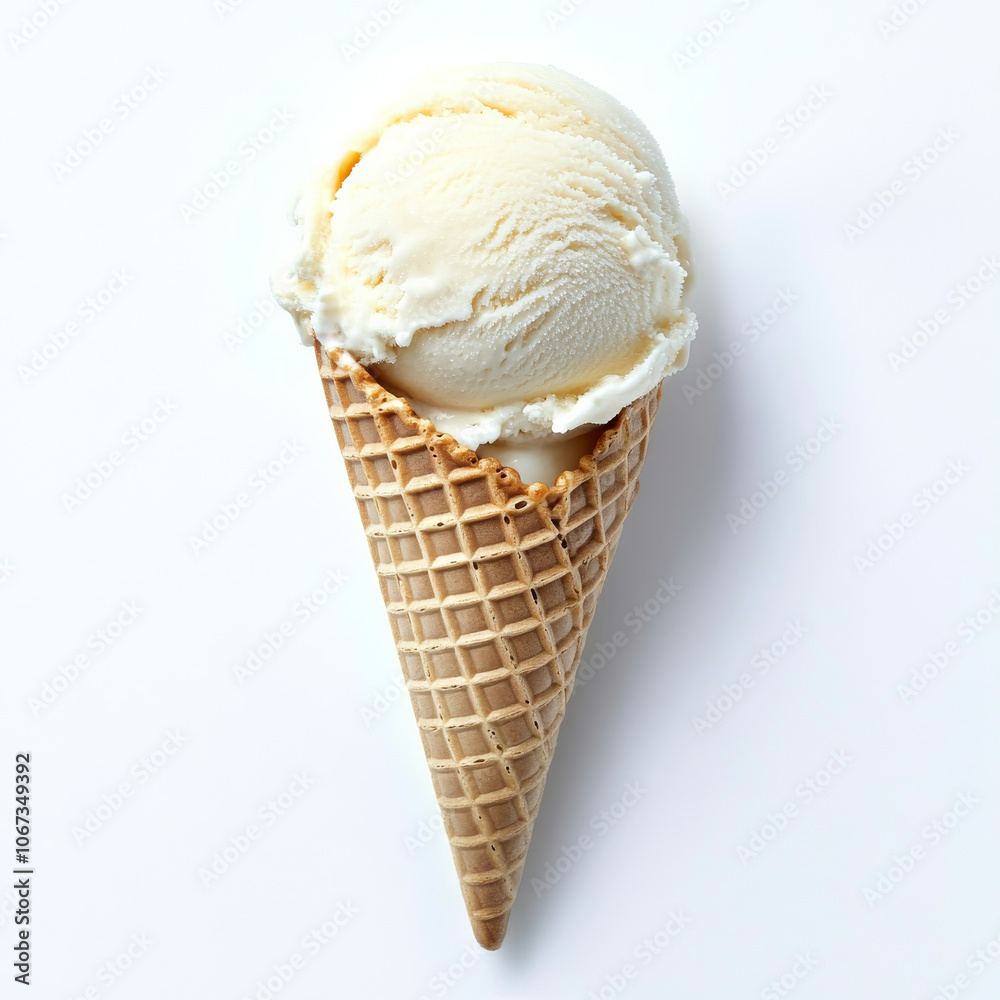 A scoop of vanilla ice cream in a cone, isolated on a white background, showcasing a classic summer dessert