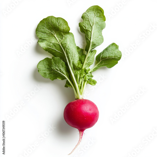 A single red radish with green leaves, isolated on a white background, emphasizing its vibrant color and fresh texture
