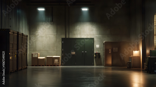 realistic photo of bonded warehouse with storage boxes and doors