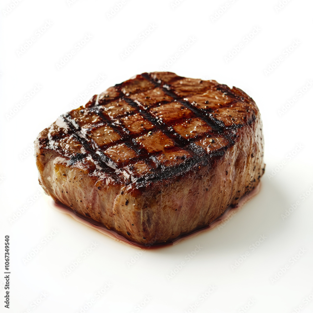 A juicy steak cooked medium-rare with grill marks, isolated on a white background, highlighting a hearty meal option A juicy steak cooked medium-rare with grill marks, isolated on a white background, highlighting a hearty meal option