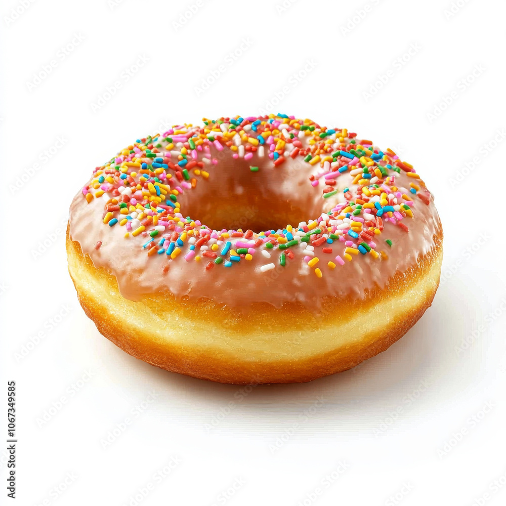A single glazed donut with rainbow sprinkles, isolated on a white background, showcasing a classic sweet treat A single glazed donut with rainbow sprinkles, isolated on a white background, showcasing a classic sweet treat