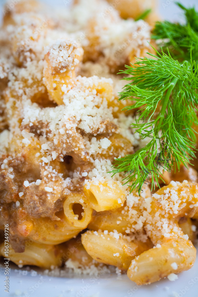 Cavatappi bolognese close up