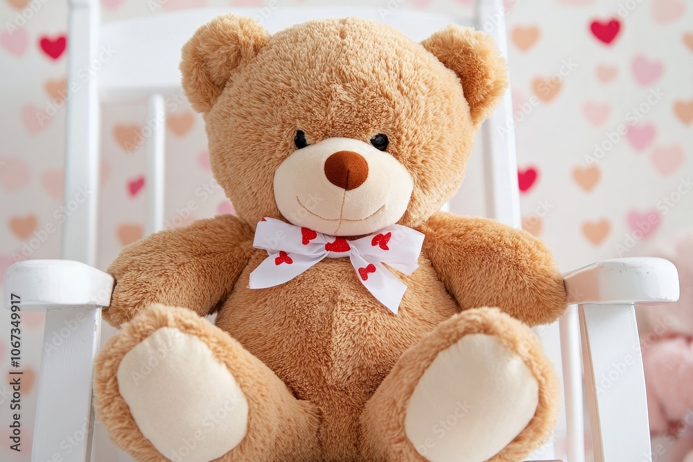 A soft teddy bear sitting on a white rocking chair in a cozy room decorated with heart-patterned wallpaper