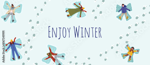 Winter holiday background. Snowy nature banner, happy people, families, children making snow angels on wintertime vacations. Outdoor fun in cold weather, card backdrop.Vector illustration hand drawn.