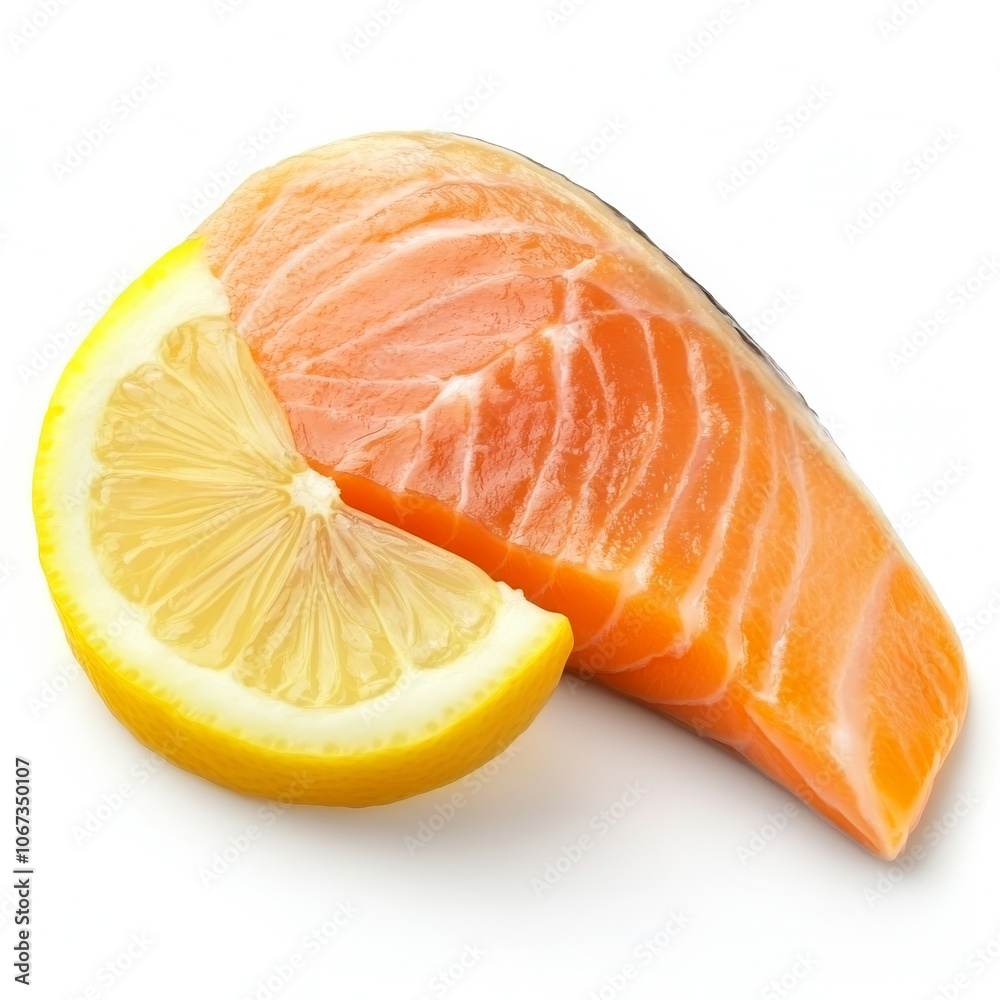 A slice of smoked salmon with lemon slice, isolated on a white background, showcasing a delicate seafood option A slice of smoked salmon with lemon slice, isolated on a white background, showcasing a delicate seafood option
