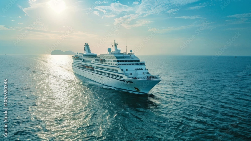 A white cruise ship glides through a vast blue ocean, under a clear sky with white clouds. The scene evokes a peaceful and sunny day for leisurely travel at sea. A white cruise ship glides through a vast blue ocean, under a clear sky with white clouds. The scene evokes a peaceful and sunny day for leisurely travel at sea.