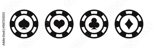 Poker chips icons set. Casino poker chip symbols with star, lucky sign, dollar or empty. Playing poker concept. Vector illustration.