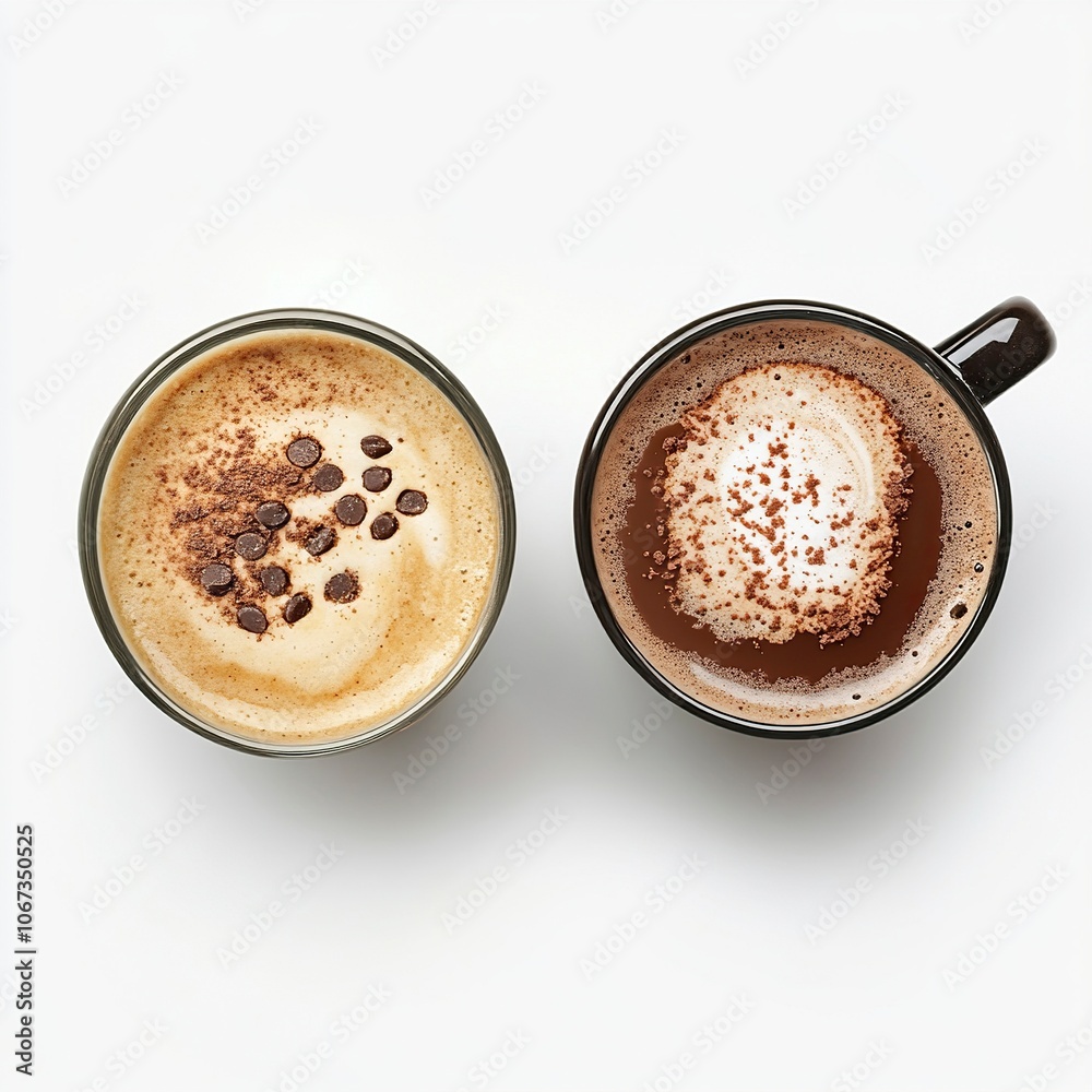 2 drinks Chocolate Chip Latte and Dark Chocolate Espresso on white background ,generative ai 2 drinks Chocolate Chip Latte and Dark Chocolate Espresso on white background ,generative ai