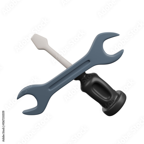 3D render low poly illustration of a wrench and screwdriver