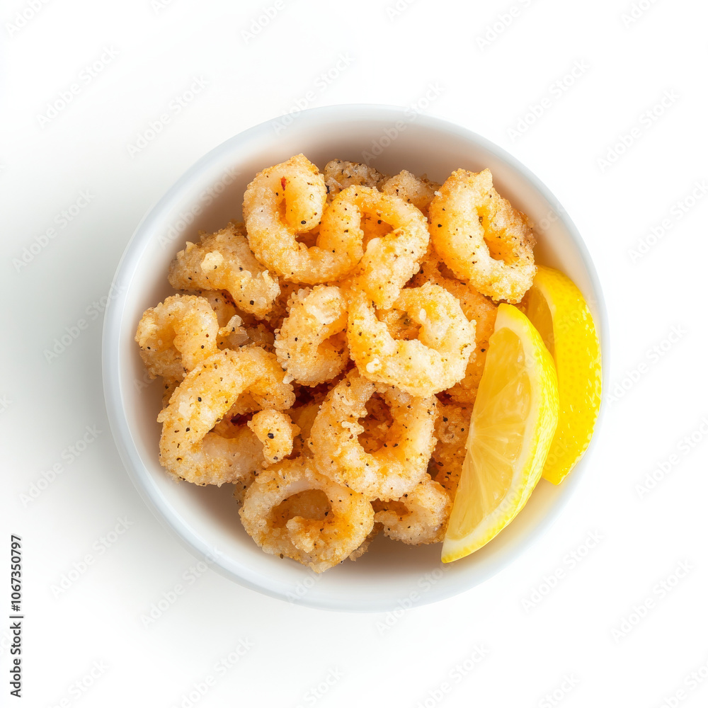 A serving of fried calamari with lemon wedges, isolated on a white background, highlighting a popular appetizer A serving of fried calamari with lemon wedges, isolated on a white background, highlighting a popular appetizer